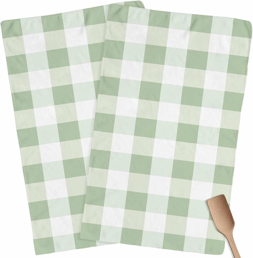 Sage Green Plaid Kitchen Towel White Dish Cloths Set of 2, Microfiber Soft Minimalism Buffalo Check Hand Towels, Modern Gingham Pattern Absorbent Quick Drying Dishcloths for Bath Sink 18 x 28 Inches