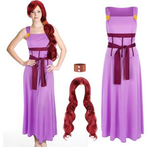 Halloween Princess Cosplay Costume for Women Pink Dress Outfits Burgundy Curly Wig Headband for Halloween Party,Medium