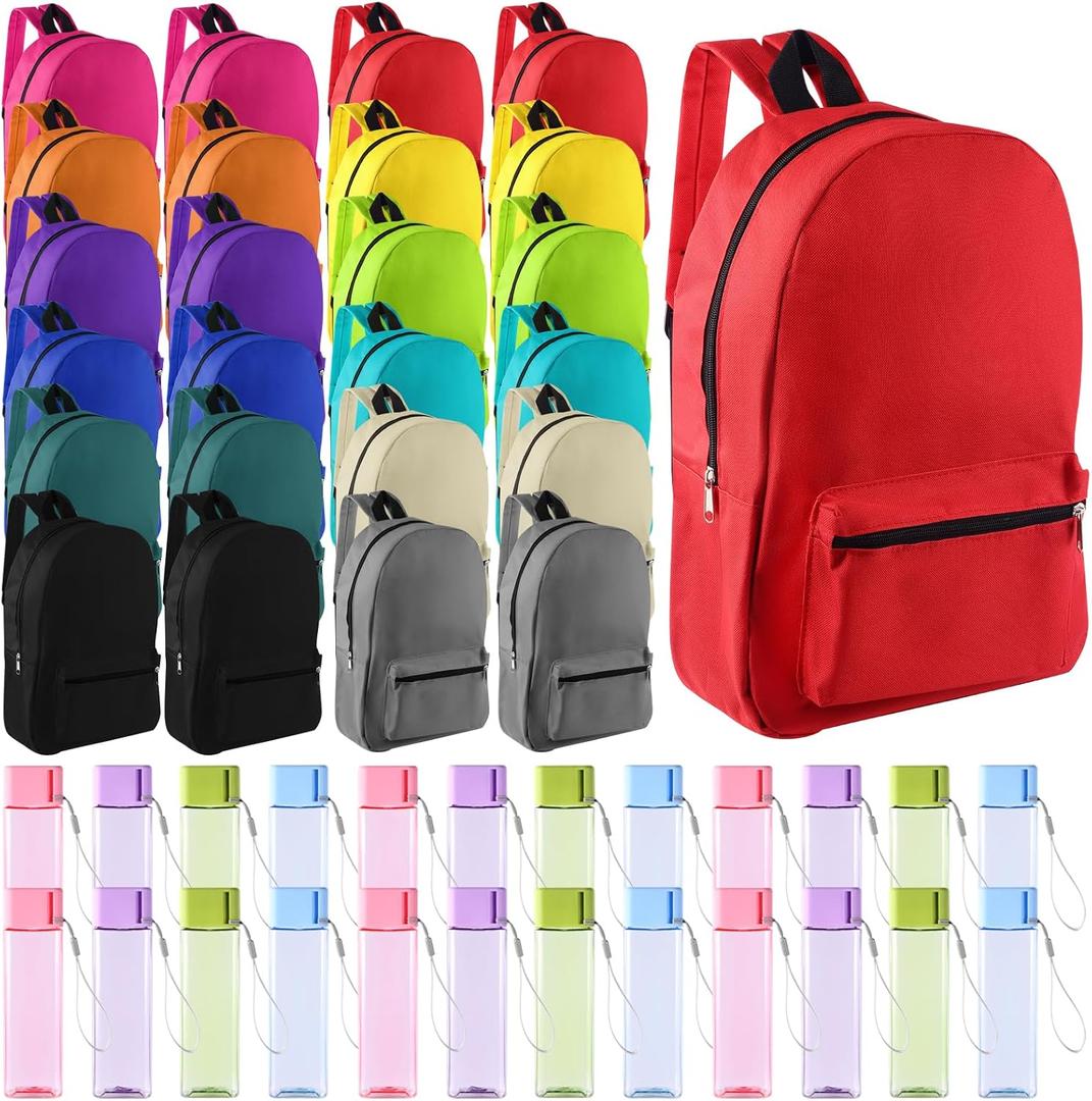 24 Set Bulk Backpacks with Sport Water Bottle Back to School Supplies Kit Book Bags in Bulk for Elementary, Middle, and High School Kids Boys Girls Teens Students, 12 x 17 x 6 inches