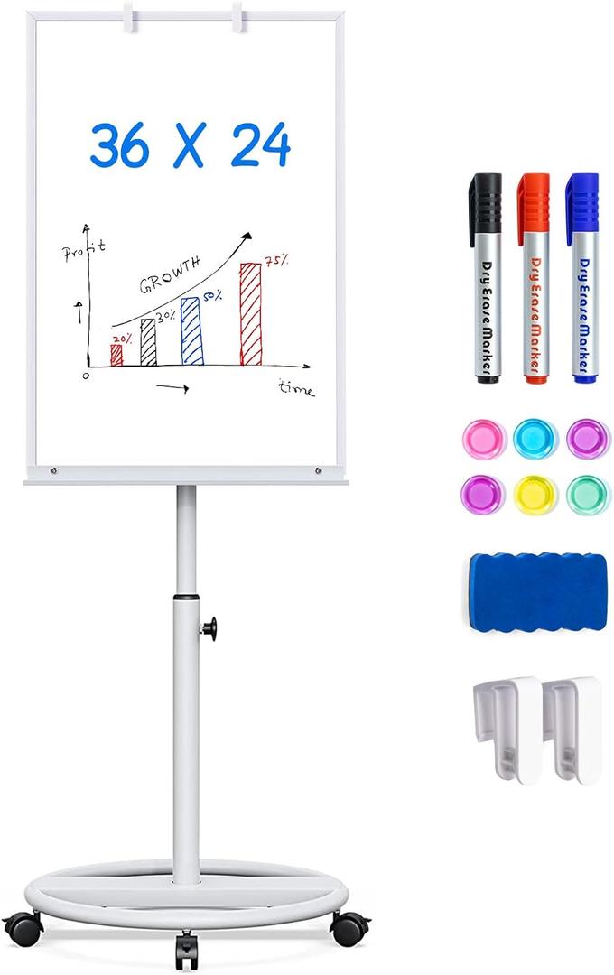 Whiteboard on Wheels 36 x 24 inches - Standing Magnetic Dry Erase Board, Mobile White Board Easel with Flipchart Hooks Portable Rolling Easel for Classroom Office Home (Silver)