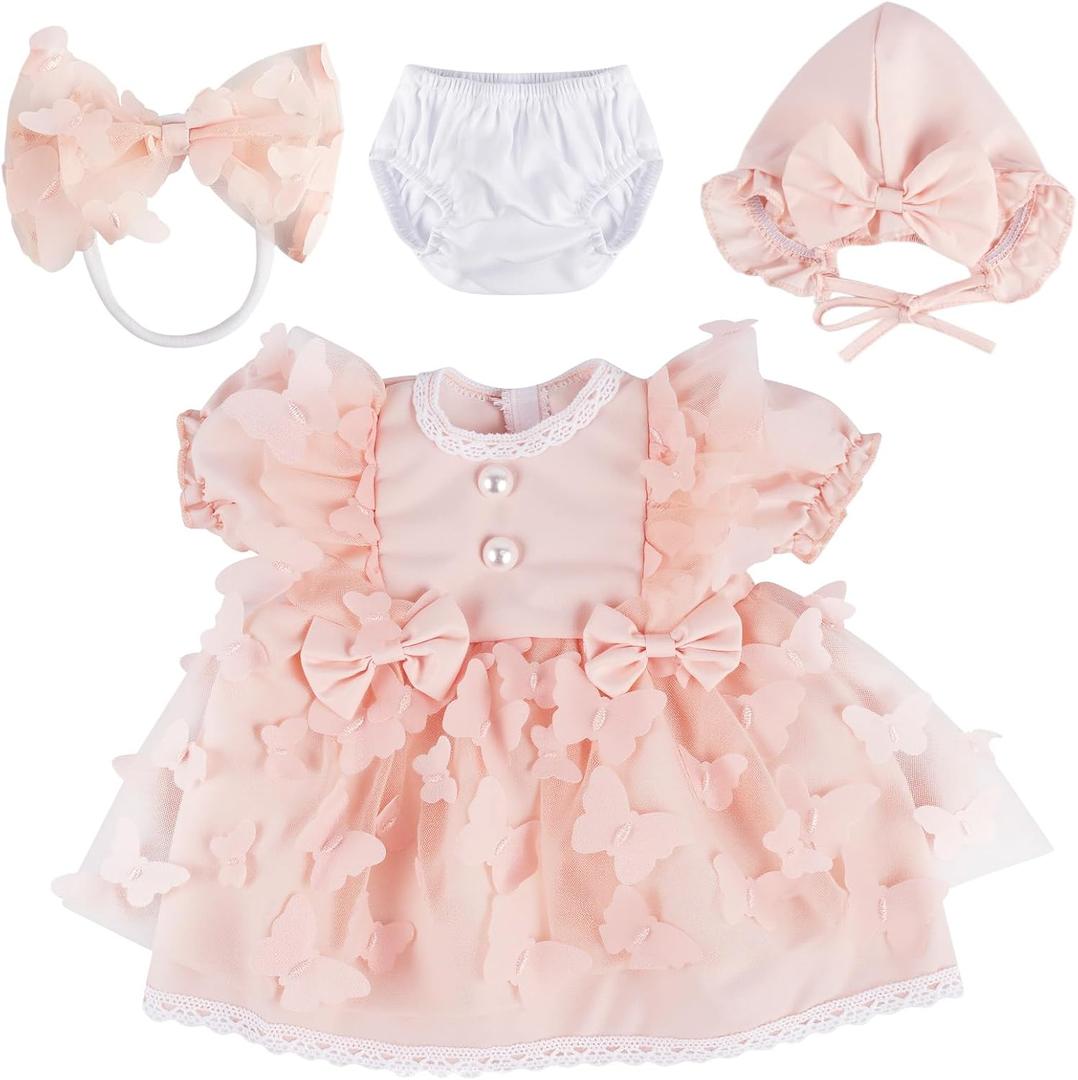 BABESIDE 4 Pcs Reborn Baby Doll Clothes Set for 17-22 Inch Babydolls, Pink Bow Dolls Dress with Hat Headband and Reusable Diaper for Realistic Baby Doll Accessories