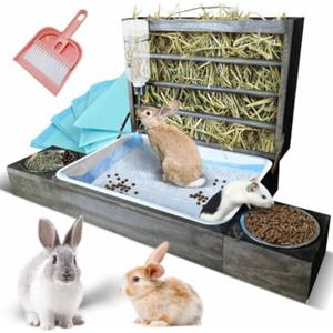 Extra-Large 4in1 Rabbit Litter Box with Hay Feeder Set for Small Pets - Durable Wood Guinea Pig & Bunny Litter Box with Hay Feeder, Food & Water Bowls, Drinking Bottle, Pee Mats, Dustpan & Brush Set
