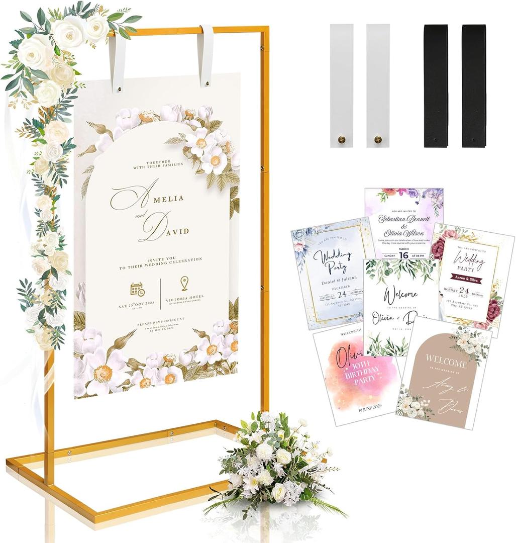 Wedding Sign Holder - Adjustable Welcome to Our Wedding Sign Stand Stand with 39 Premium Templates & Leather Straps, 64"x 30"x 20" Heavy Duty Easel Stand for Sign Display Poster, Wedding, Birthday