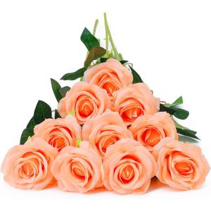 DuHouse 10pcs Fake Roses Artificial Silk Flowers Faux Rose Flower Long Stems Bouquet for Arrangement Wedding Centerpiece Party Home Kitchen Decor (Peach Fuzz)