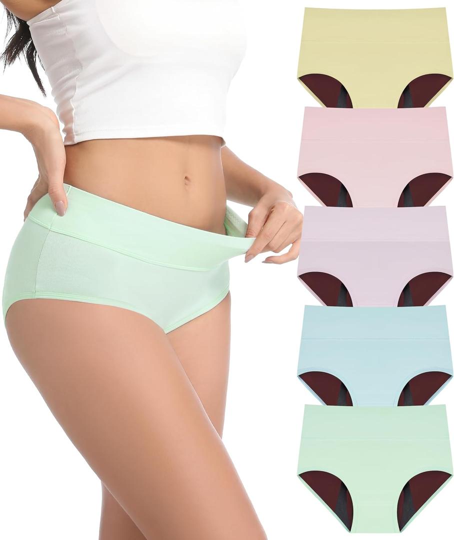 CAOZITOU Women's Incontinence Underwear, 100ml Leak-Proof Period High Waisted Brief Heavy Flow Bladder Leak Washable Cotton 5 Pack (Multicolor02, Large)