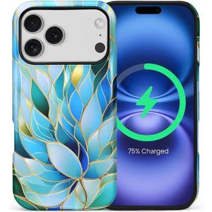 for iPhone 17 Pro Case for Women Girl Men Boy, Compatible with MagSafe, Shockproof Soft Silicone & Hard PC Shell Protective Case for iPhone 17 Pro - Cyan Glass Flower