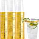 FOCUSLINE 100 Pack 12 oz Gold Rimmed Plastic Cups, 12 Ounce Clear Plastic Tumblers, Heavy-duty & Fancy Disposable Hard Cups with Gold Rim for Wedding