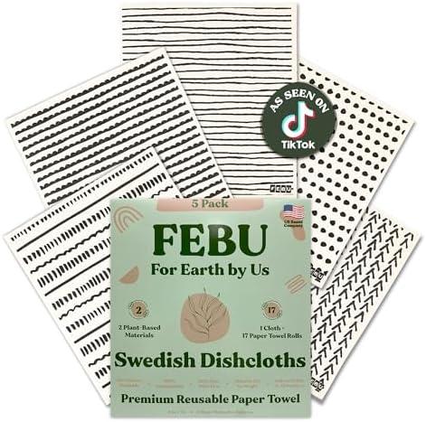 FEBU Swedish Dishcloths for Kitchen | 4 Pack Black Minimalist Reusable Paper Towels Washable | Swedish Dish Towels | Non-Scratch Cellulose Sponge Cloths | No Odor, Biodegradable Cleaning Cloths