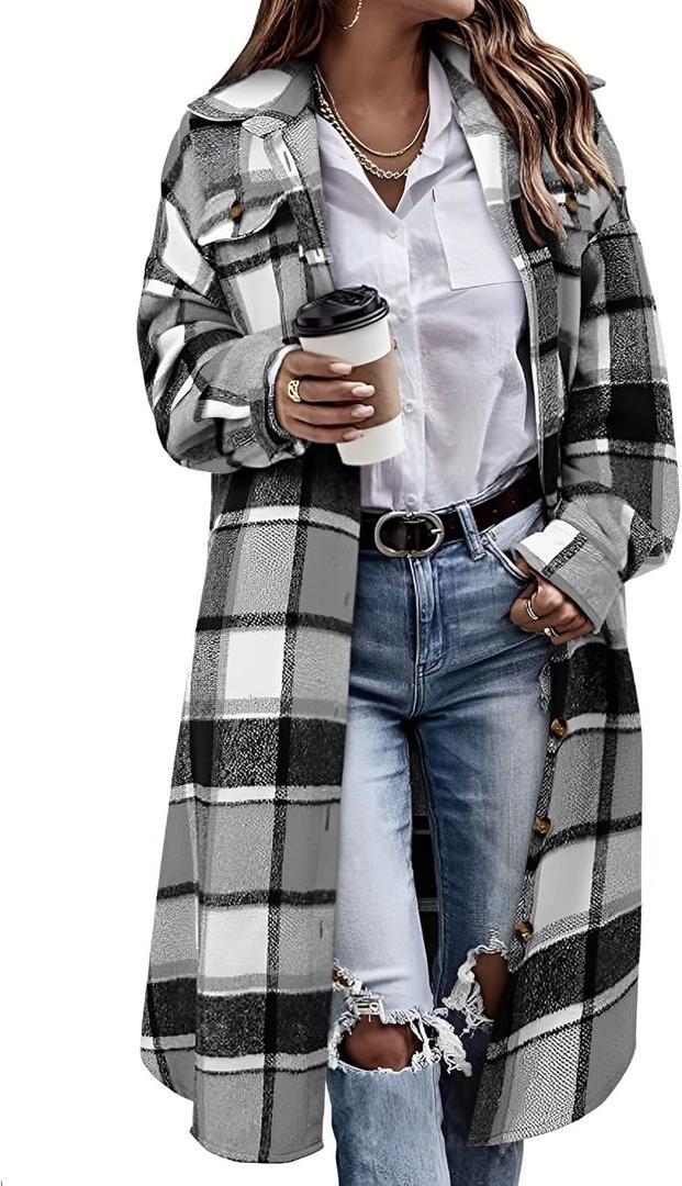 Himosyber Women's Casual Plaid Lapel Woolen Button Up Pocketed Long Shacket Coat (Large, Grey)