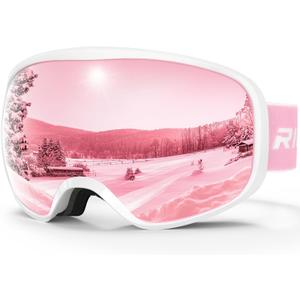 Ski Goggles Snowboard Goggles for Men Women Adults Youth, Over Glasses OTG/100% UV Protection/Anti-fog/Wide Vision (A12-white/Pink(VLT 39%)