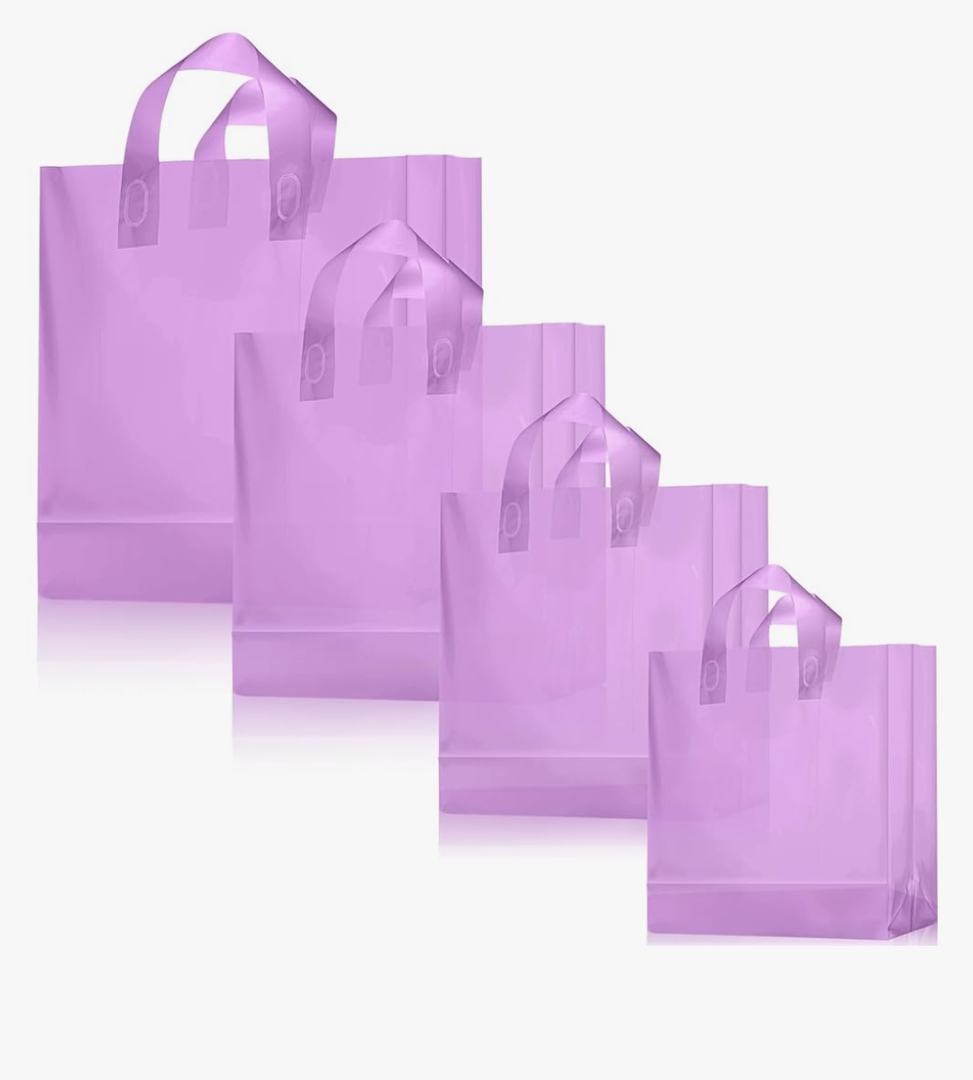 100 Pcs Frosted Plastic Gift Bags with Handles for Small Business Clear Shopping Bags with Cardboard Bottom,4 Sizes