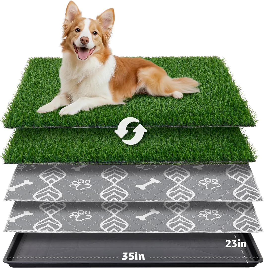 LOOBANI Dog Grass Pad with Tray - 35x23in Dog Litter Box with 2 Artificial Grass Patch + 2 Washable Pee Pads - Quickly Absorbency Indoor Outdoor Potty for Patio Balcony Apartment Use (L-35"x23")