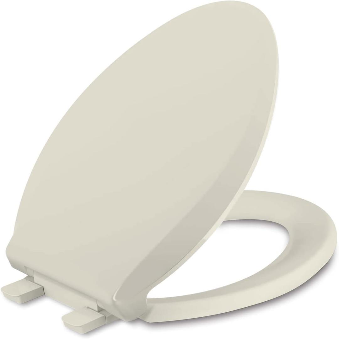 Elongated Toilet Seat, Slow Close Quick-Release Hinges, Heavy Duty Soft Close, Oval(Oblong) Toilet Seat For Elongated Toilets, Quiet-Close Lid And Seat, Easy To Install And Clean, Almond/Bone(18.5”)