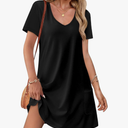OFEEFAN Summer Dresses for Women 2025 Loose V Neck Short Sleeve Casual T Shirt Dress Sundresses Swimsuit Coverup with Pockets L