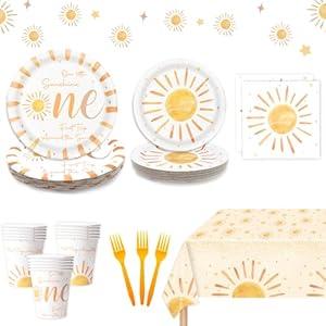 First Trip Around the Sun 1st Birthday Decorations Bohemian Hippie Sunshine Theme Party Tableware Includes Paper Plates Cups Napkins Forks Tablecloth for Baby Shower Party, Serves 24