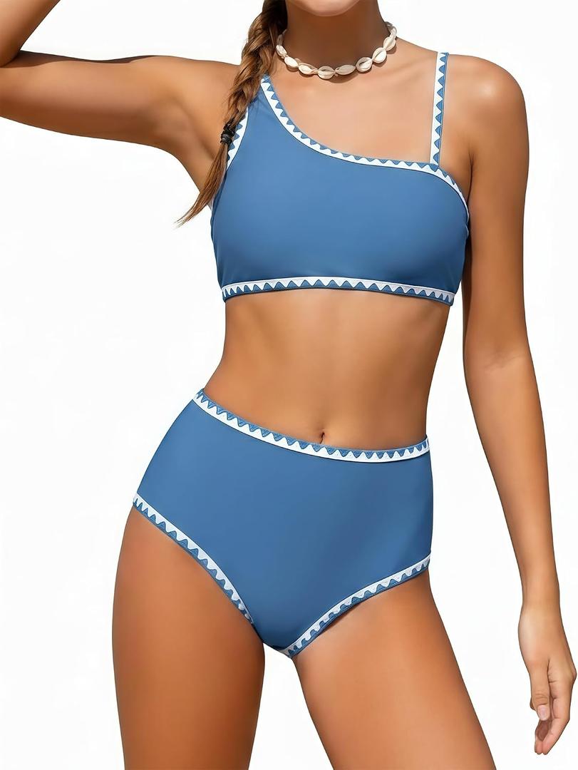 Girls Swimsuit 2 Piece Bikini Set Contrast Trim Bathing Suit Padded Solid Color Swimwear with Adjustable Strap, 9-10Y 