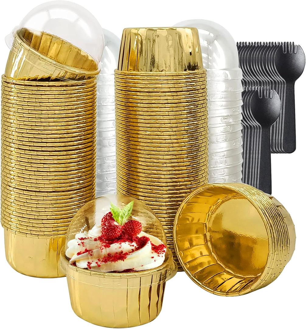 Cupcake Muffin Liners With Lids 100 Pack,LNYZQUS 5.5 Oz Large Foil Baking Cups Muffin Tins,Disposable Ramekins Cupcake Cups Cupcake Wrappers Holders For Wedding Valentine,with Spoons-Gold