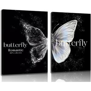 EAGLOG 2 Pieces Black and White Butterfly Wall Art Romantic Series Dreamy Starry Sky Modern Abstract Simple Painting Prints Artwork for Living Room Bedroom Wall Decor 16L x 12W Wrapped Canvas