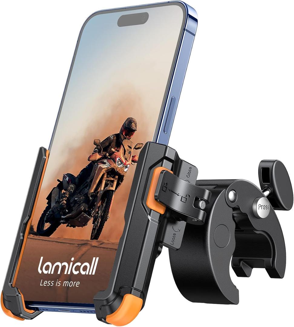 Lamicall Motorcycle Phone Mount Holder - [Camera Friendly] [1s Lock] 2023 Bike Phone Holder Handlebar Clamp, Bicycle Scooter Phone Clip, for iPhone 15 Pro Max, 14, 13, 2.4~3.54" Wide Phone, Orange, B0BN5688PG