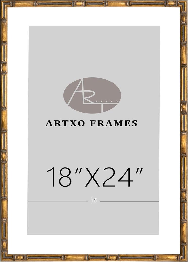 ArtXO 18"x24" Picture Frame Wooden, Display Pictures 16"x20" with Mat or 18"x24" Without Mat, Gold Bamboo Poster Frames,Hanging Photo Frame Wall (Gold03(wide:17.5mm)(with Mat,Plexiglass,Back))