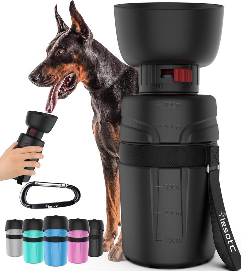 lesotc Dog Travel Water Bottle Portable, Foldable Dog Water Bowl Dispenser, Leak Proof Pet Water Bottle for Dogs Outdoor Walking, Hiking, Travel, Puppy Essentials Necessities, BPA Free, Lightweight (21oz, Black)