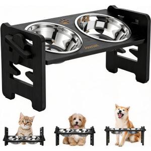 Jovrun Elevated Dog Bowls, Adjustable Raised Dog Bowl Stand for Small Size Dogs and Cats, 15Tilted Elevated Cat Bowls, Durable Bamboo Dogs Feeder with 2 Stainless Steel Bowls and Non-Slip Feet