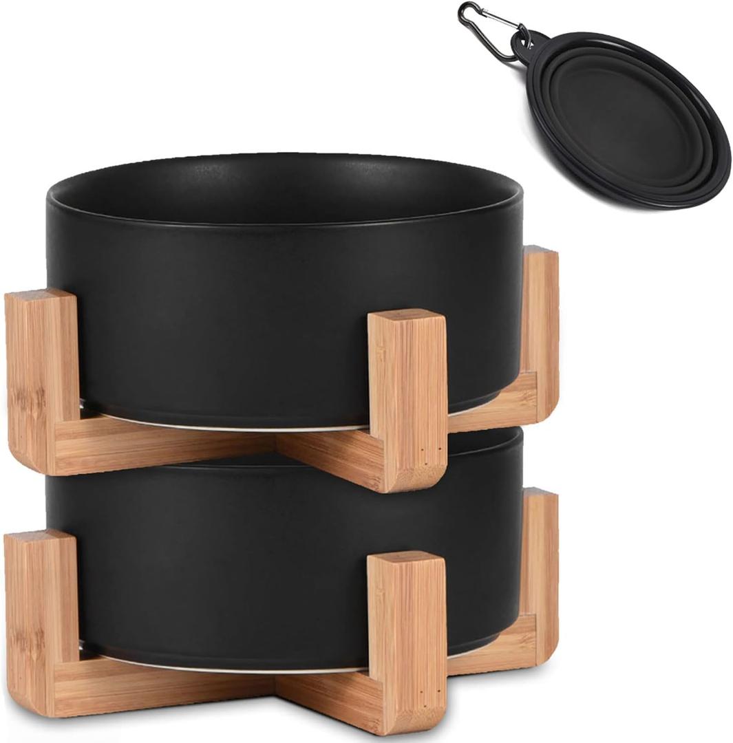 Ceramic Black Cat Dog Bowl Set with Stand,Small Dog Bowls, Pet Food and Water Dish, Anti Slip Set of 2 Cat Bowl-Pet Food Dishes- Pet Bowls Small Size Pet (13.5OZ/5.1 in)