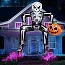 JOYIN 8.5ft Halloween Inflatable Skeleton, Blow Up Skeleton Holding Pumpkin for Rooftop Outdoor Decoration with LED Light, Blow Up Skeleton Sitting On The Roof for Halloween Rooftop Yard Party Decor