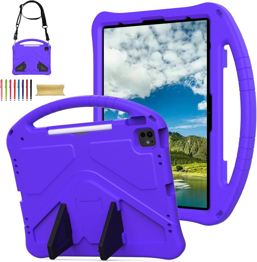 Kids Case for Apple iPad Air 13 M4 M3 M2 2026 2025 2024/ iPad Pro 13 M5 M4 2025 2024/ Pro 12.9" 2022/2021/2020/2018, EVA Shockproof Handle Kickstand Lightweight Cover with Shoulder Strap, Purple
