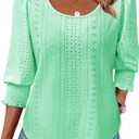 Tankaneo Womens 3/4 Length Sleeve Ladies Tops and Blouses Casual Eyelet Top Crewneck Dressy Shirts with Smocked Cuffs 2025 (Green, M)