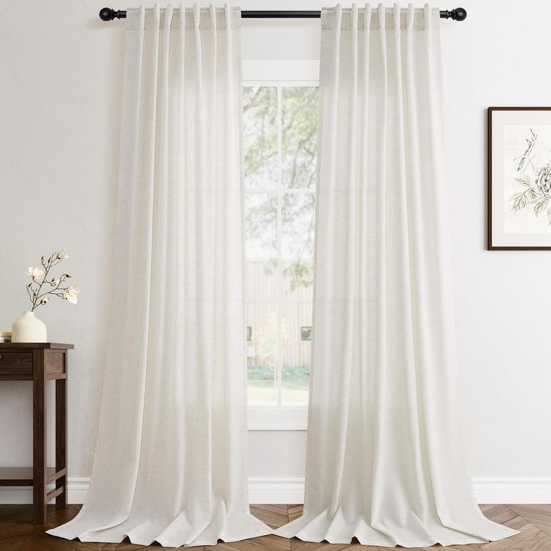 Natural Linen Curtains 84 Inch Length for Living Room 2 Panel Pocket Drape Light Filtering Semi Sheer Cream Country Rustic Farmhouse Boho Curtain Bedroom Pinch Pleated Look Ivory Colore Back Tab