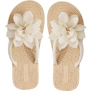 OYOANGLE Women's Applique Decor Open Toe Flip Flop Sandals Casual Outdoor Flat Slippers (Beige) 38