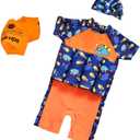 Floating Swimsuits for Kids Toddlers, Orange and Blue Color with Swimming Cap and Inflatable Arm Ring
