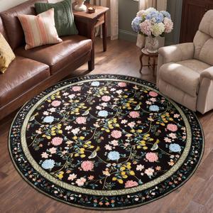 JINCHAN 6ft Round Rug, Washable Floral Rug Non Slip Soft, Black