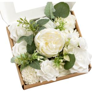 Ling's Moment Fake Flowers Box, Artificial Faux Greenery Stems Silk Peony Foam Gardenia for Wedding Decor Centerpieces Table Decorations Floral Picks Arrangements, White & Sage, Mini Combo