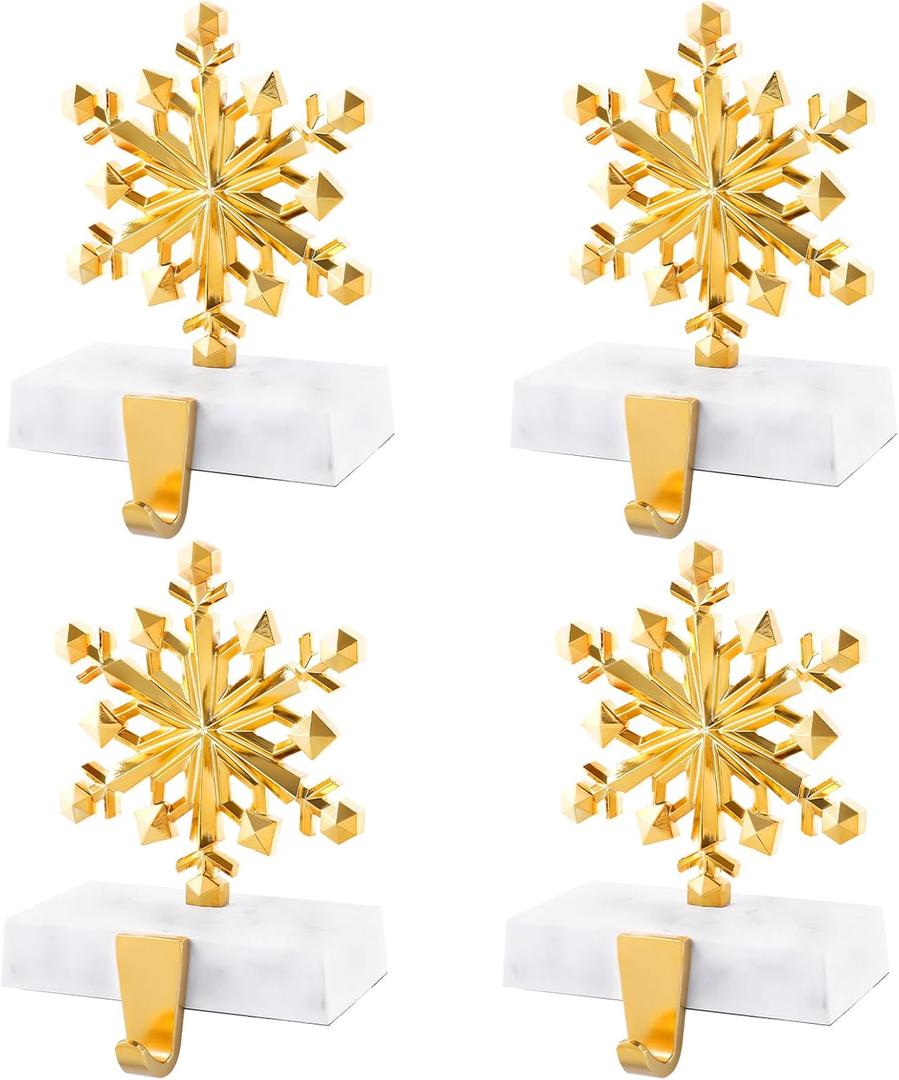 DOYOLLA Snowflake Christmas Stocking Holders Set of 4, Xmas Stocking Holders for Mantle, Mantel Fireplace Topper Stand Hooks, Stockings Hangers for Holiday Decorations