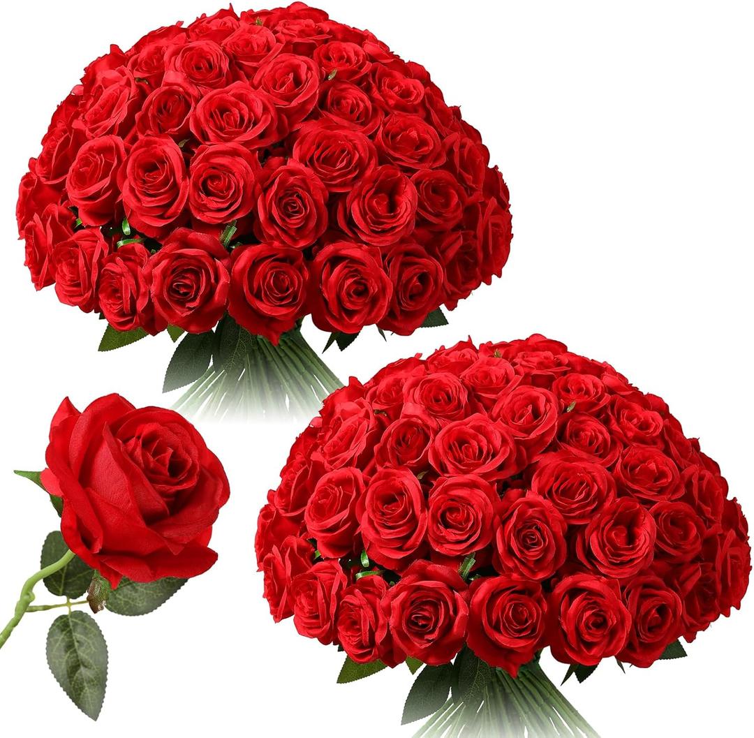 Tifuly 50pcs Red Roses in Bulk, Realistic Long Stem Fake Silk Roses Bouquet for Wedding Centerpiece Table Party Home Kitchen Decor