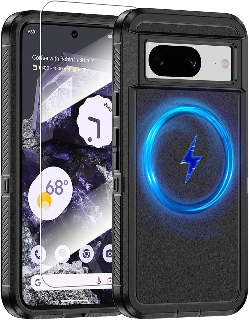 Magnetic Case for Google Pixel 8, [Compatible with Magsafe] [Glass Screen Protector] [Dual Layer Military-Grade Protection] Heavy Duty Shockproof Protective Cover for Google Pixel 8 6.2 inch, Black