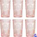 Vintage Glassware Romantic Drinking Glasses - 12 OZ Pink Glassware Embossed Glasses Drinking Set of 6 - Perfect Glass cups for Coffee, Cocktails, and Beverages, Ideal for Gifting