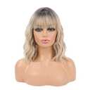 Dark Root to Blonde Wig with Bangs Short Wavy Wigs for Women Ombre Blonde Curly Shoulder Length Bob Wig Synthetic Fiber Wigs for Cosplay Daily Party Use (12 inches)