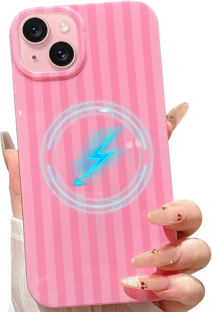 for iPhone 15 Case Striped Phone Cases Aesthetic Women Girly Trendy Shockproof Slim Soft TPU Hard PC Pink Rose