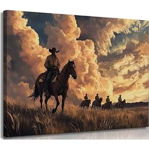 Vintage Western Cowboy Canvas Wall Art Sunset Horse Rider Poster Print Artwork Mid Century Countryside Landscape Painting Picture Wall Decor for Living Room Bedroom Home Decoration 12x16in Framed