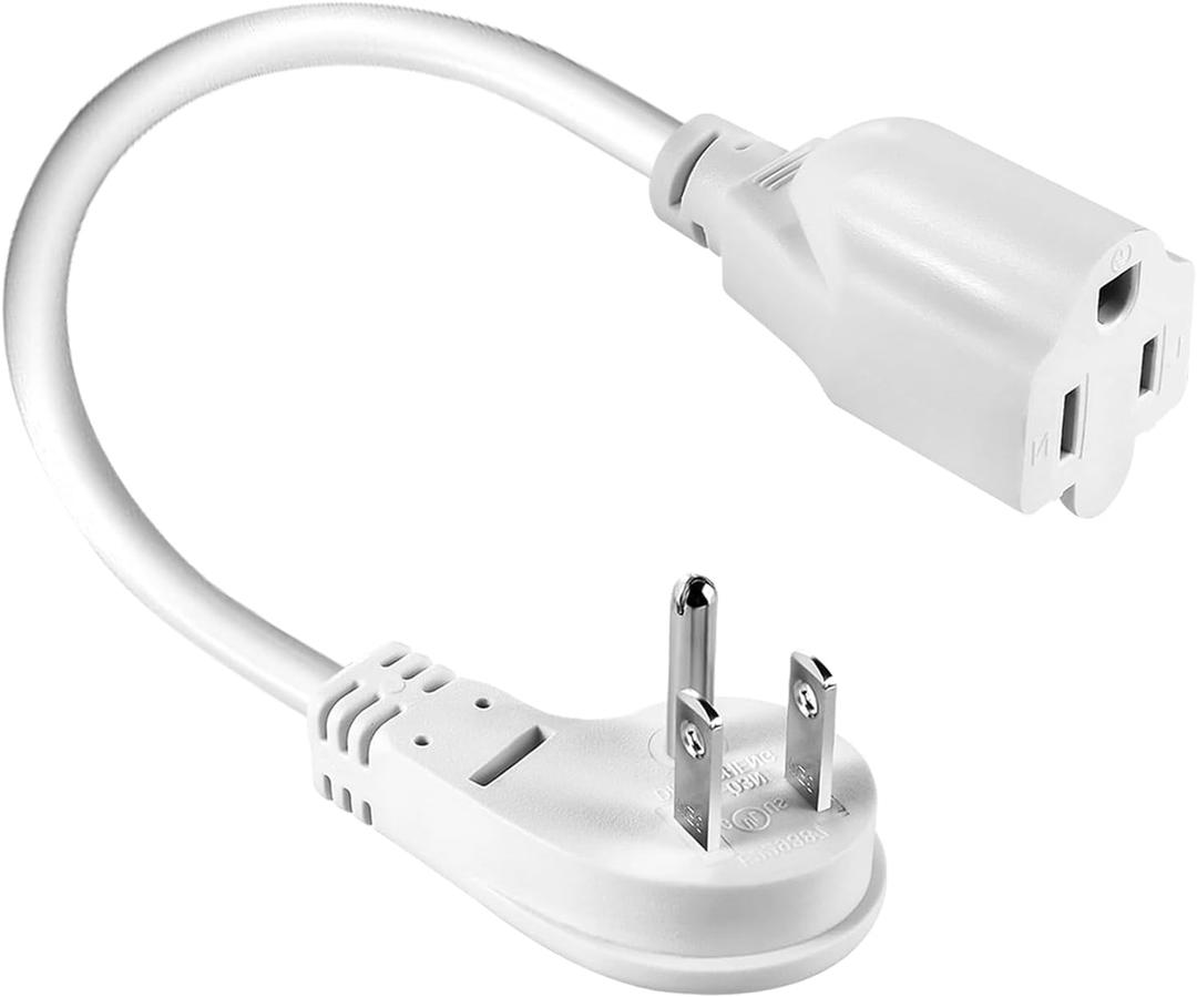 Flat Plug Extension Cord, 1 Feet 1875W Short Extension Cord 13A 16AWG UL Listed 3-Prong Grounded Heavy Duty Power Extension Low Profile Outlet Saver Extension Cords Cable - White