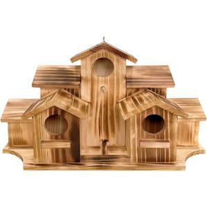 Wooden Bird House for Outside, 7-Compartment Large Birdhouse Castle with Perches, Weatherproof Burnt Wood Hanging Bird Nest for Garden Patio, Decorative Bird Shelter for Bluebird, Finch, Sparrow