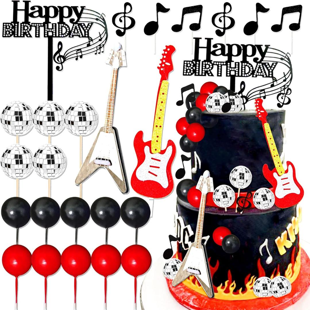 LaVenty Disco Cake Decoration Disco Cake Decoration Guitar Decoration Cake Guitar for Musical Theme Birthday Disco Party Decoration Rock Roll Birthday Decoration (Dark Red)