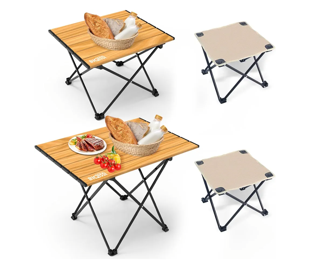 BIQISSI Portable Camping Table, Compact Camping Side Table with Carrying Bag, Ultralight Aluminum Beach Table Folding for Hiking, Camping, Picnicking, BBQ, Outdoor Cooking (Wood 16"+22")