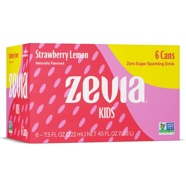 Zevia Kids Zero Sugar Sparkling Drink, Strawberry Lemon, Vegan Friendly, Kosher, Gluten Free & Non-GMO, 6 Count, 45 Fluid Ounce (Pack of 4), Best By: 08/26/25