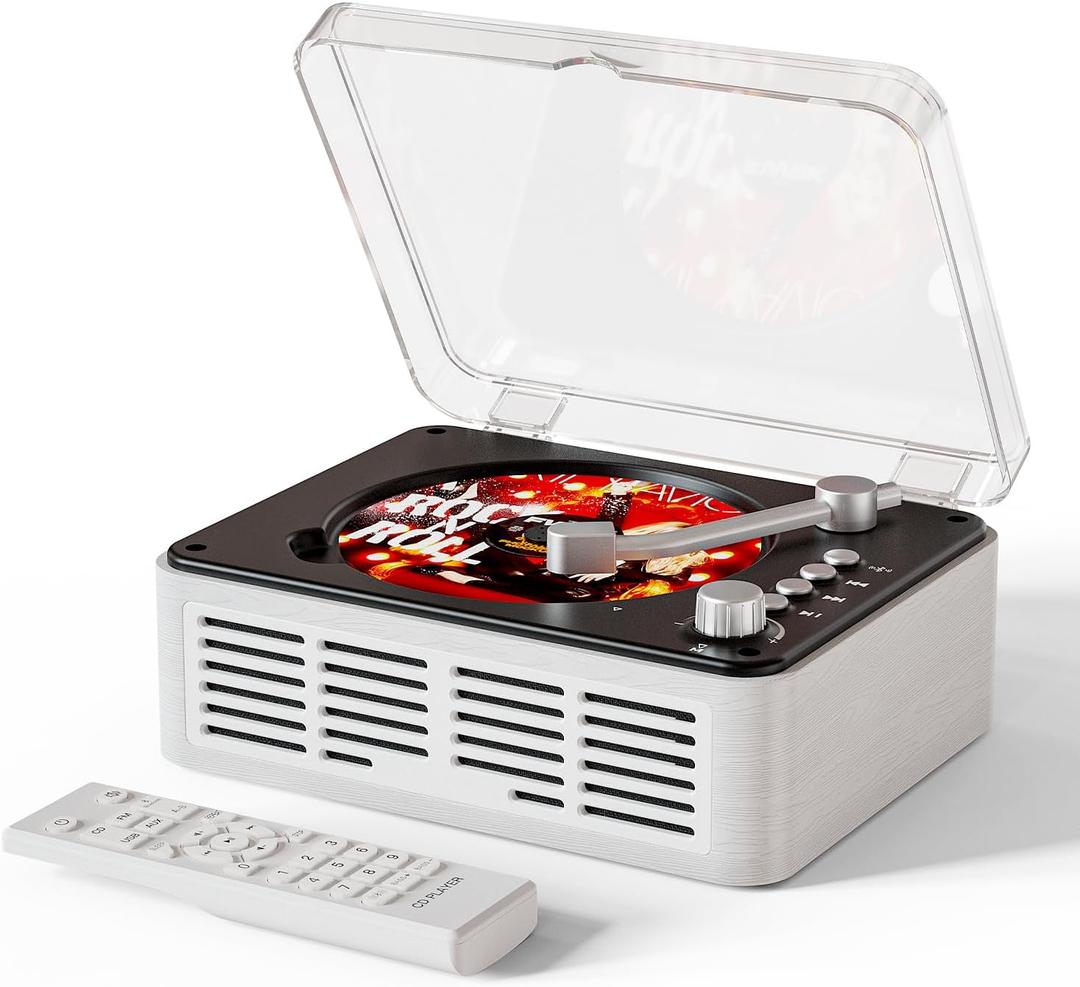 CD Player with Bluetooth Transmitter, Nostalgic Retro Wood Music Player, Built-in Speakers-Bass Boost, FM Radio for Home/Wired&Remote Control-White