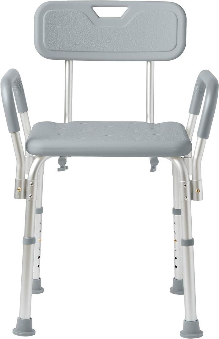 Medline Shower Chair Seat with Padded Armrests and Back, Heavy Duty Shower Stool for Bathtub, Slip Resistant Shower Seat with Adjustable Height, Shower Bench for Inside Shower with 350 lb Capacity (Grey)