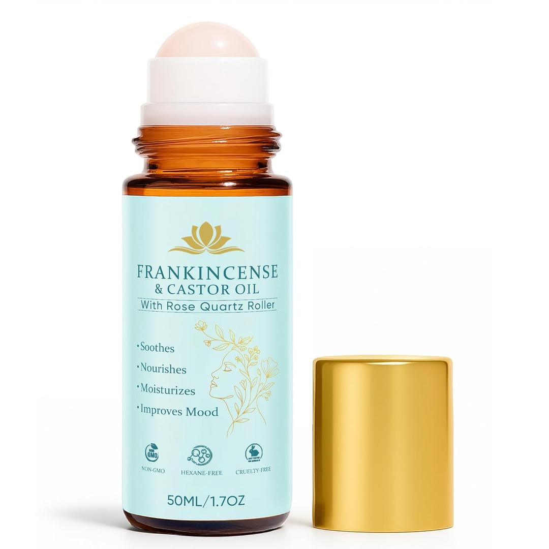 Frankincense and Castor Oil Rose Quartz Roller – Organic Cold-Pressed Castor Oil Roll-On with Removable Rose Quartz | Firms Smooths Skin, Brightens Eyes, Reduces Scars Stretch Marks 1.7FLOZ